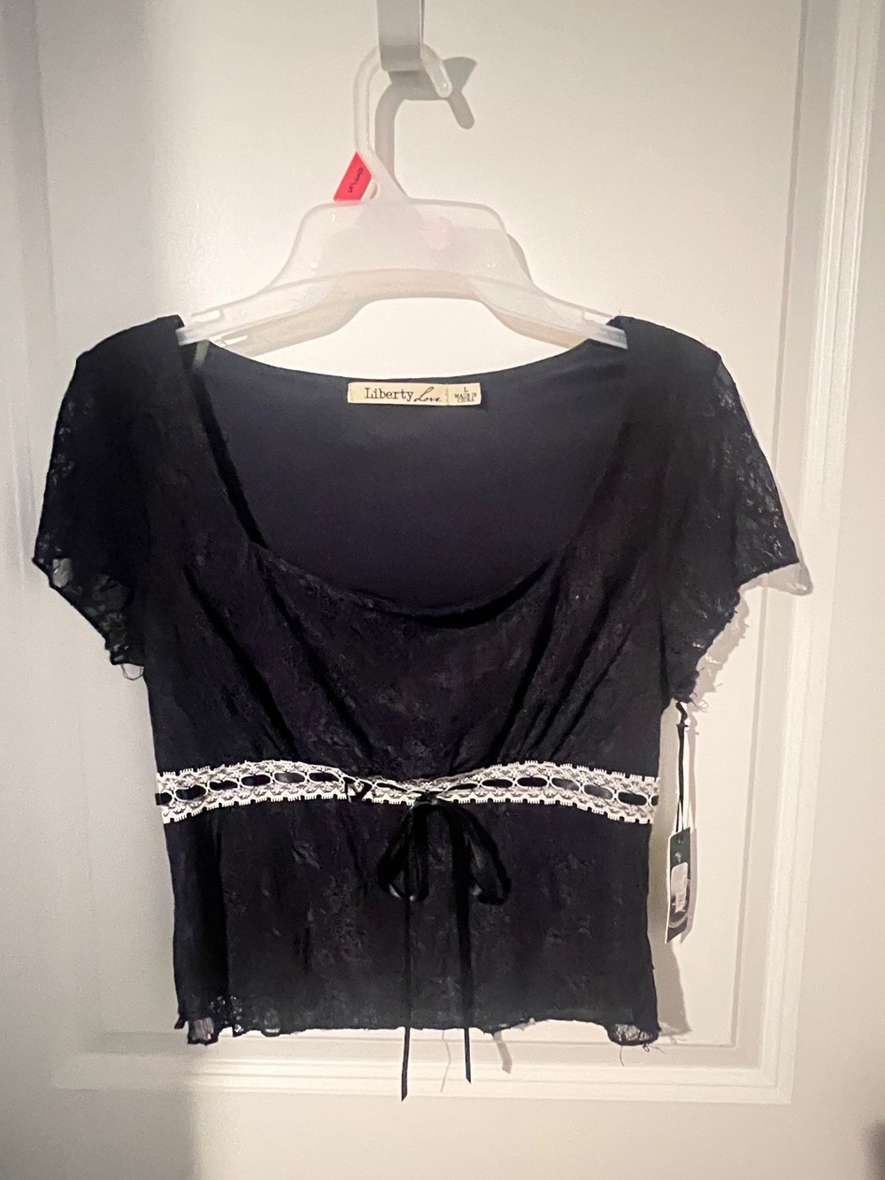 Liberty Love Black Lace Crop Top with White Crochet Waist